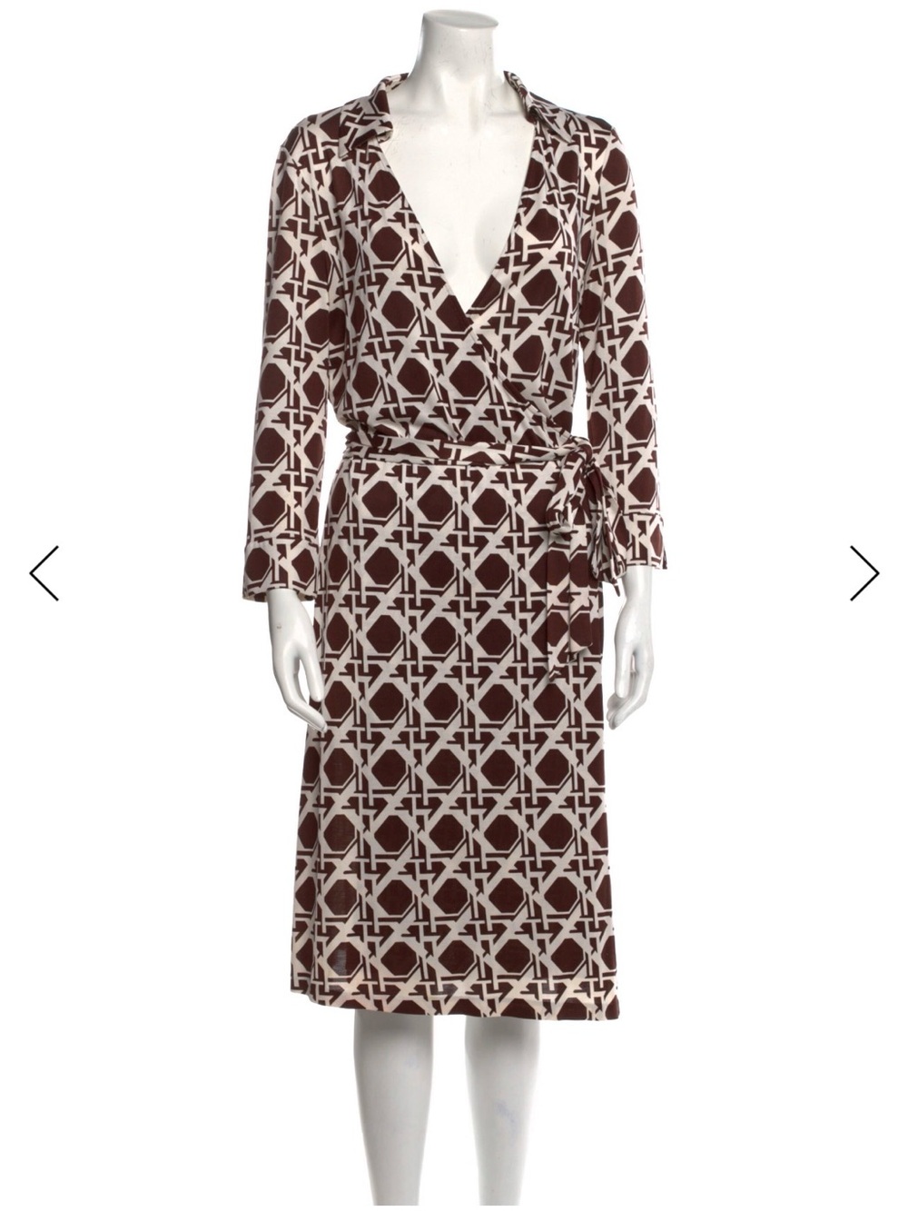 Diane Von Furstenberg Brown and Cream Geometric Wrap Dress